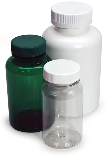 Group of pharmaceutical and nutrition bottles, green, white, clear