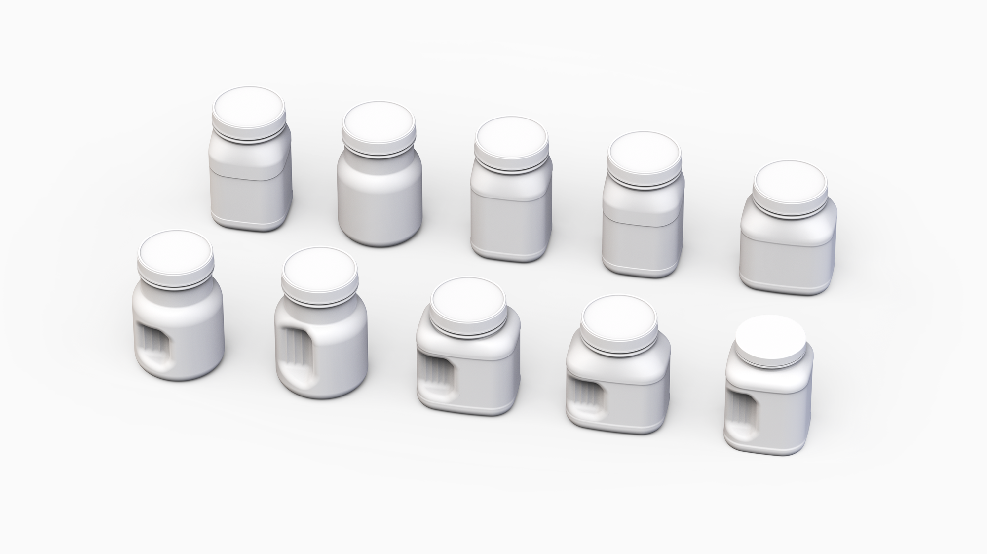 Eight 3D models of various concept designs for a nutrition container.