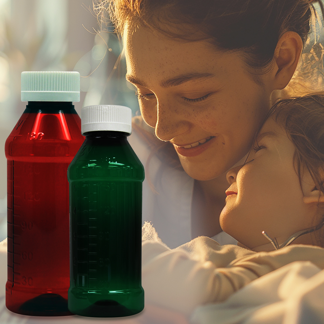 Liquid Round Bottles superimposed over picture of mother with sick child