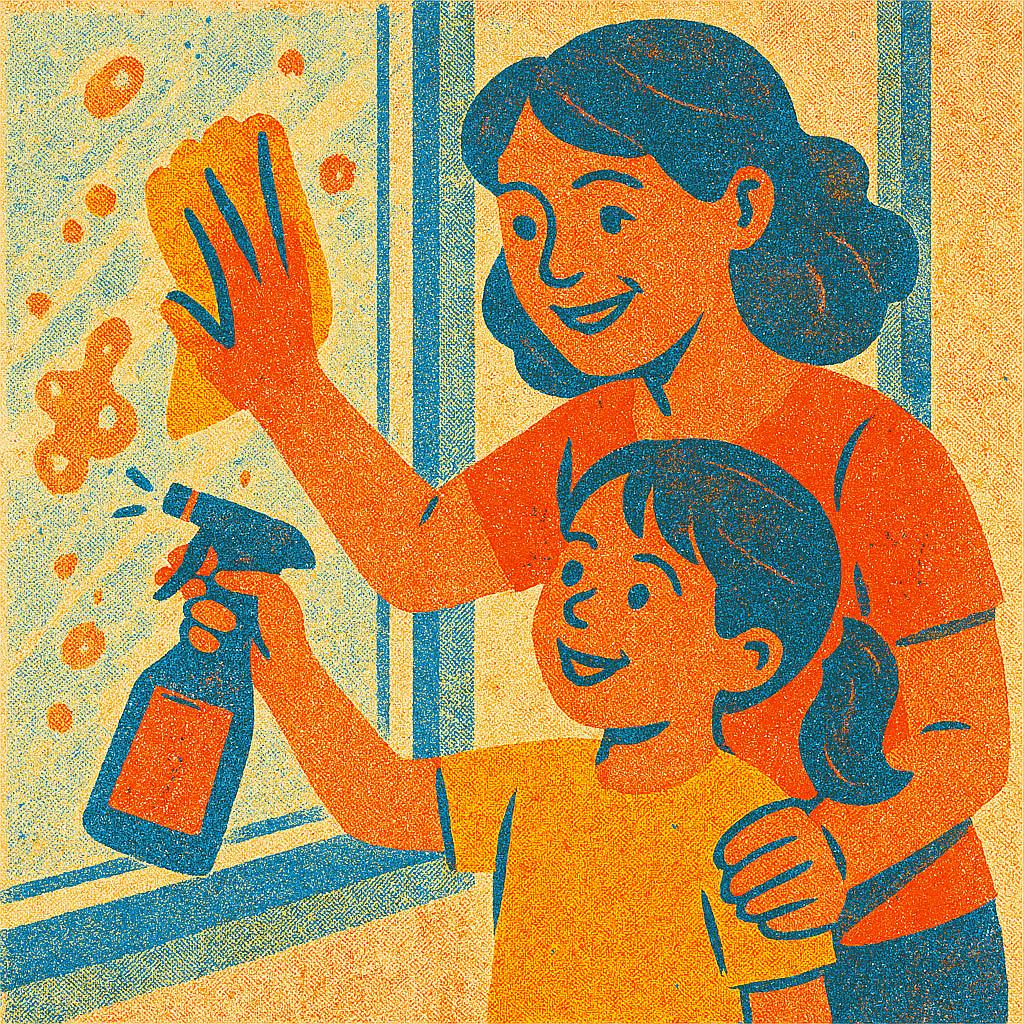 Partners in Packaging: Illustration of Mother and daughter cleaning windows Partners in Packaging: Illustration of Mother and daughter cleaning windows