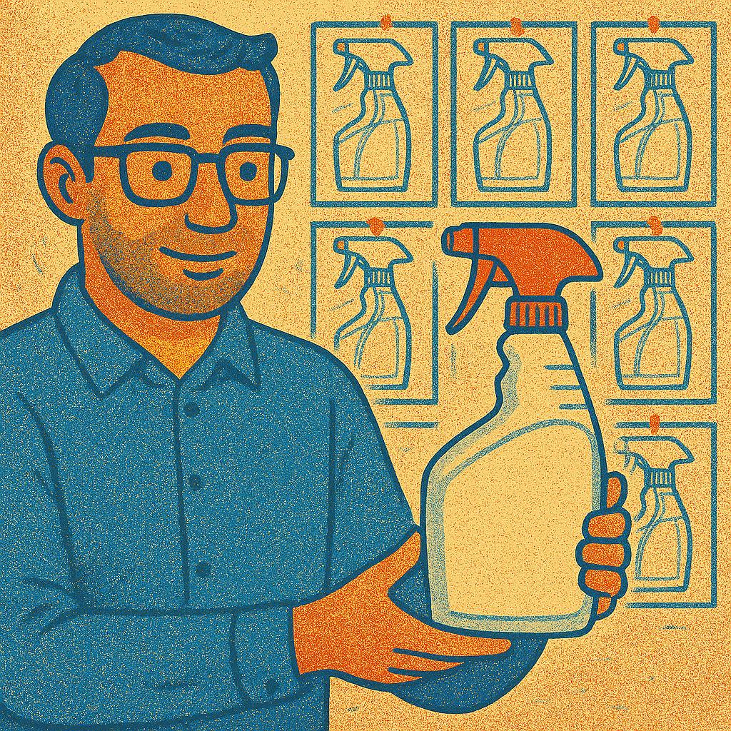 Partners in Packaging: Illustration of product designer holding a plastic spray bottle Partners in Packaging: Illustration of product designer holding a plastic spray bottle