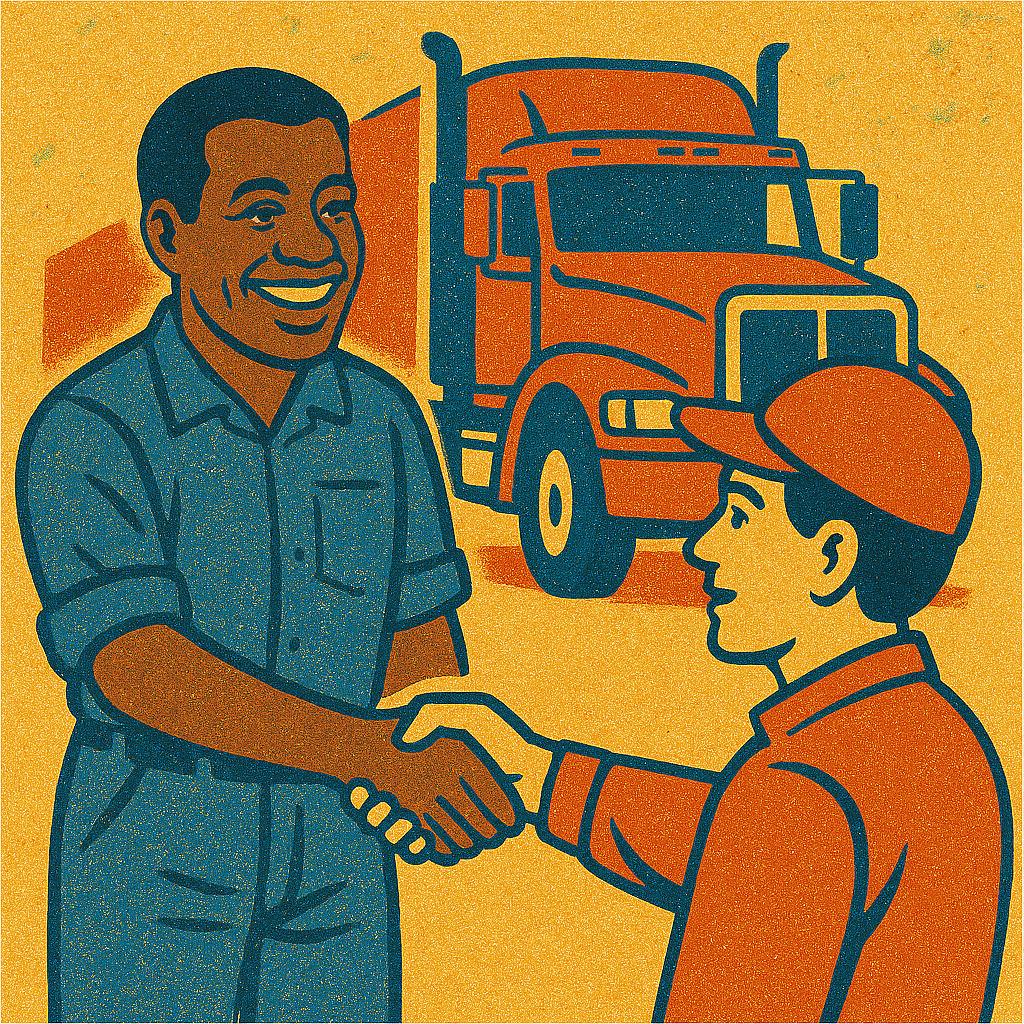 Partners in Packaging: Illustration of man shaking hands with a truck driver Partners in Packaging: Illustration of man shaking hands with a truck driver