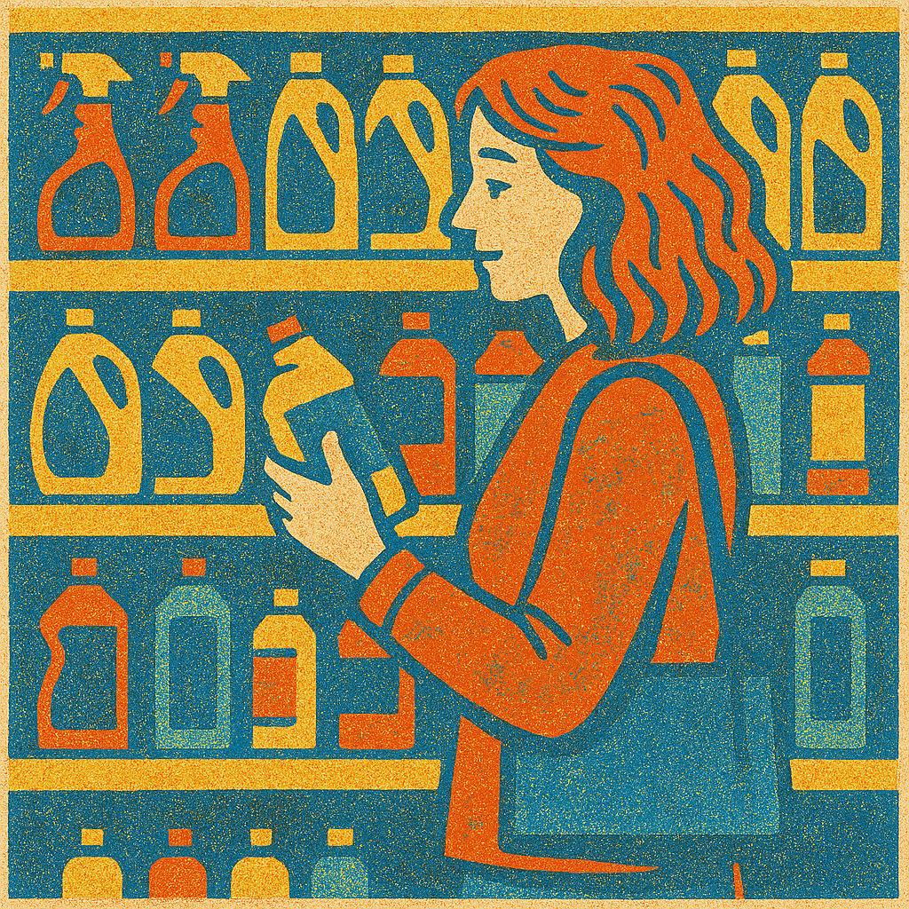 a-woman-shopping-in-the-household-cleaners-aisle Partners in Packaging: Illustration of a woman shopping in the household cleaners aisle