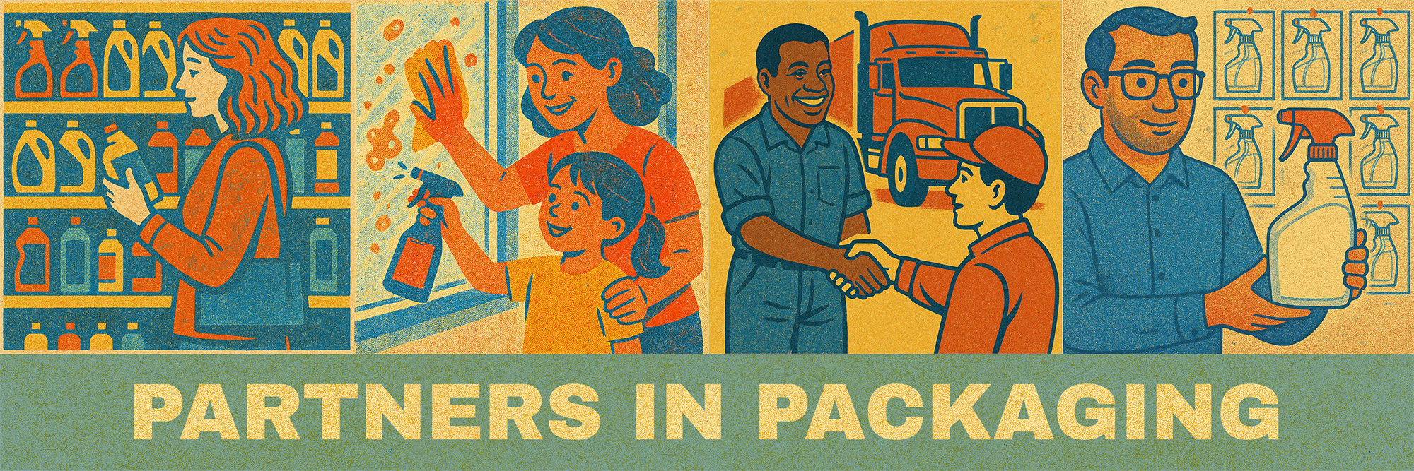 pip-hhchem-banner_2000px Partners in Packaging: series of illustrations used for a web page header.