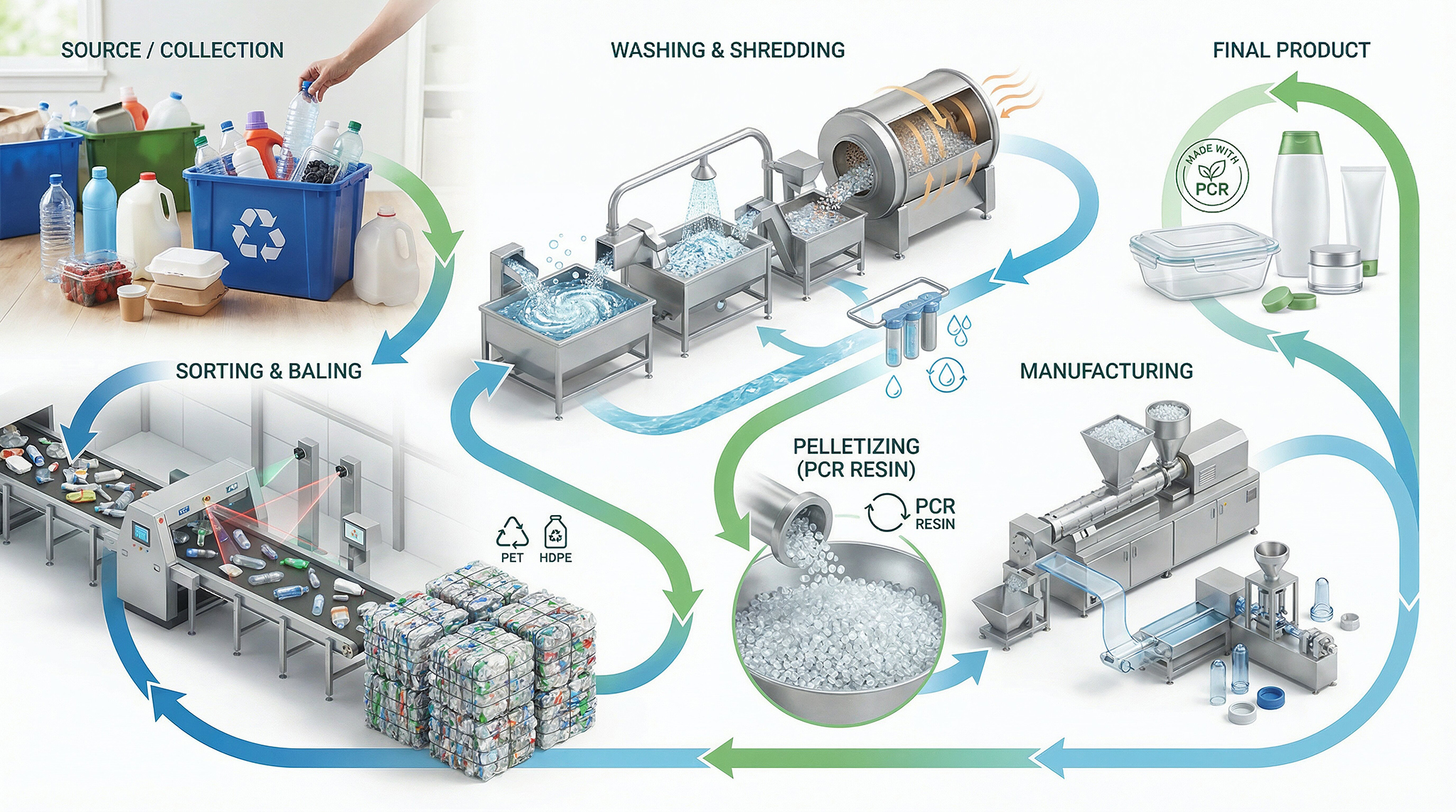 pcr-blog-hero_2048px Diagram of the process of recycled plastic as it is turned into post-consumer resin and manufactured into a new plastic product.