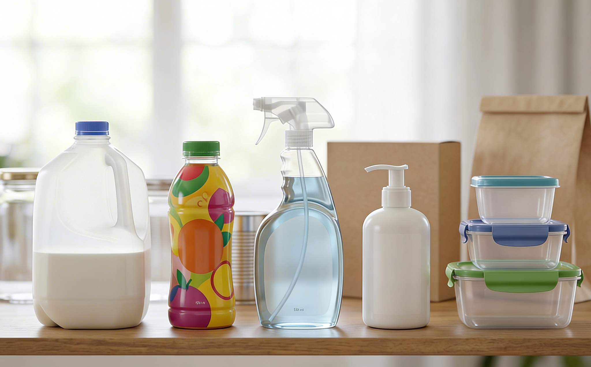 plastic containers in front of alternate material containers