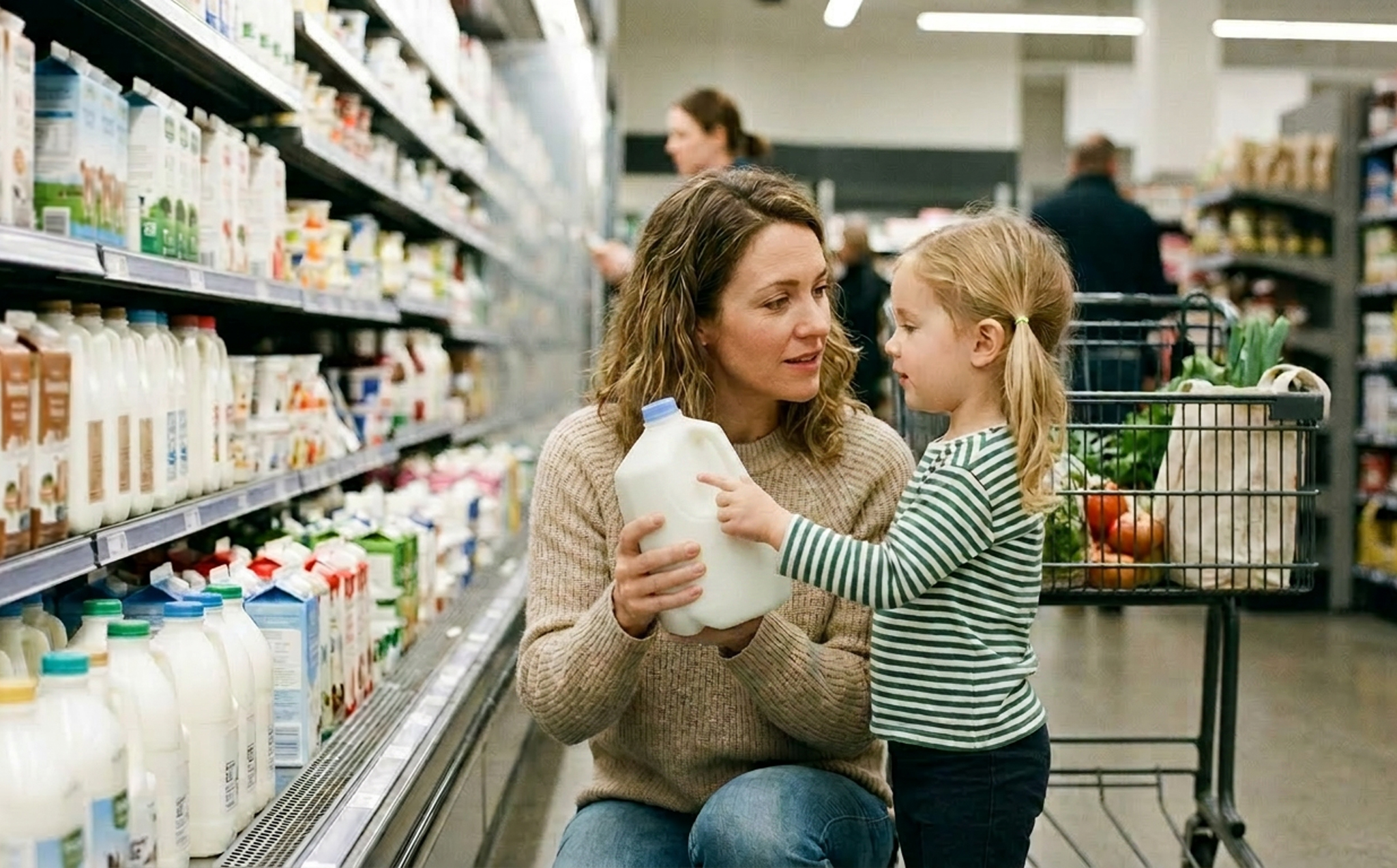 Une mère et sa fille font leurs courses au rayon produits laitiers d'une épicerie