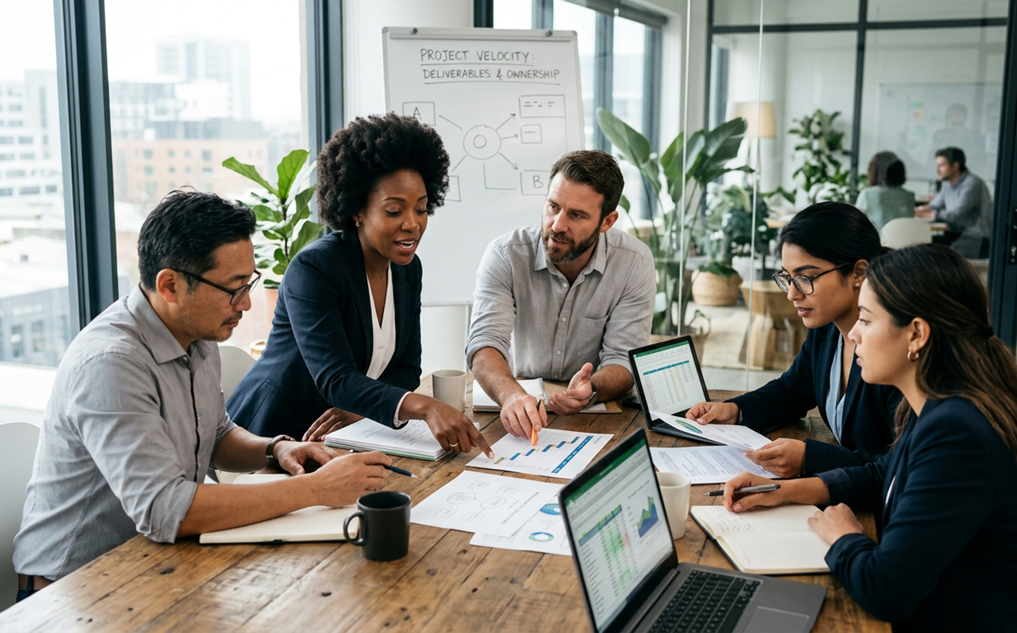 Business people gathered around a conference table collaborating with one another