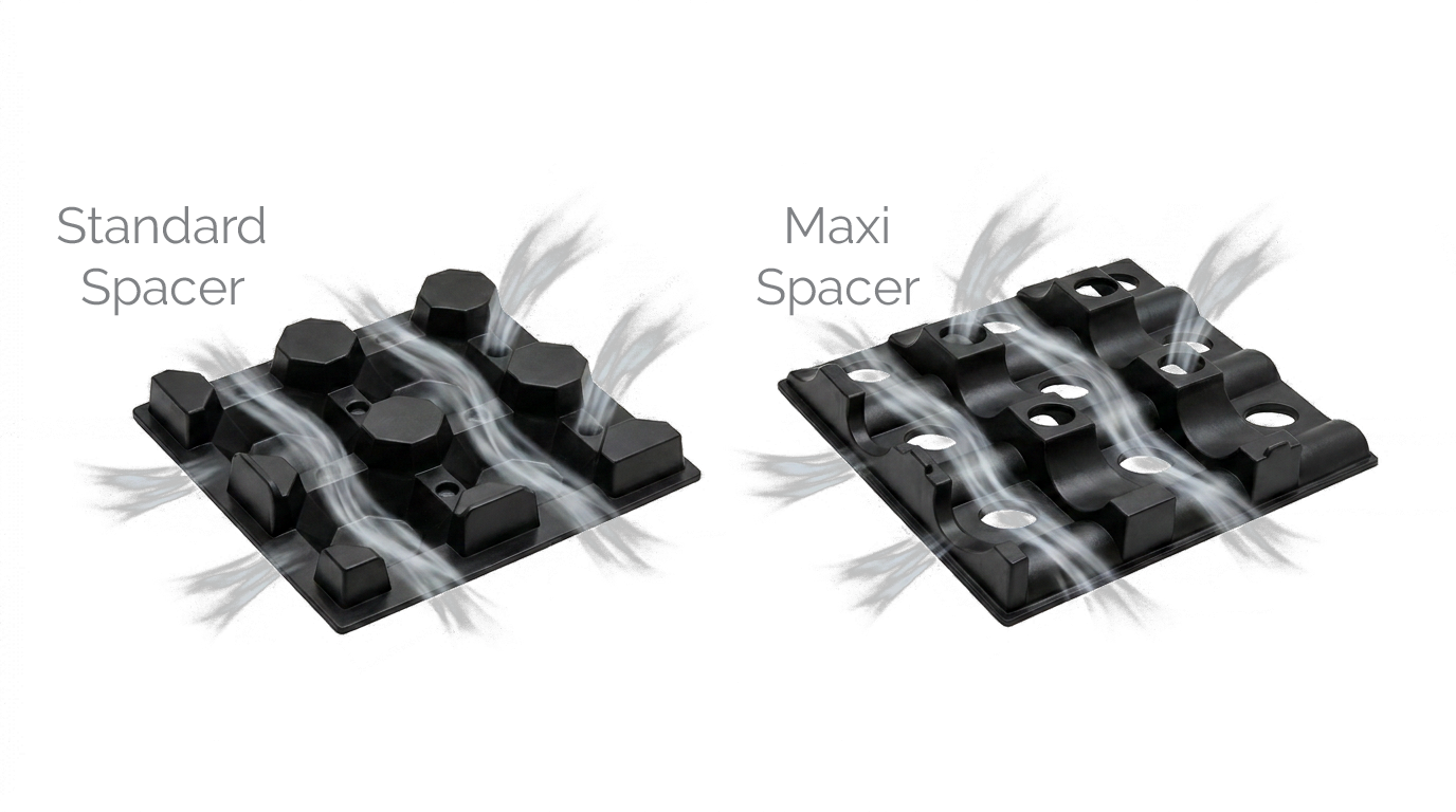 Diagram showing six-way airflow pattern through Altium Standard and Maxi plastic freezer spacer designs
