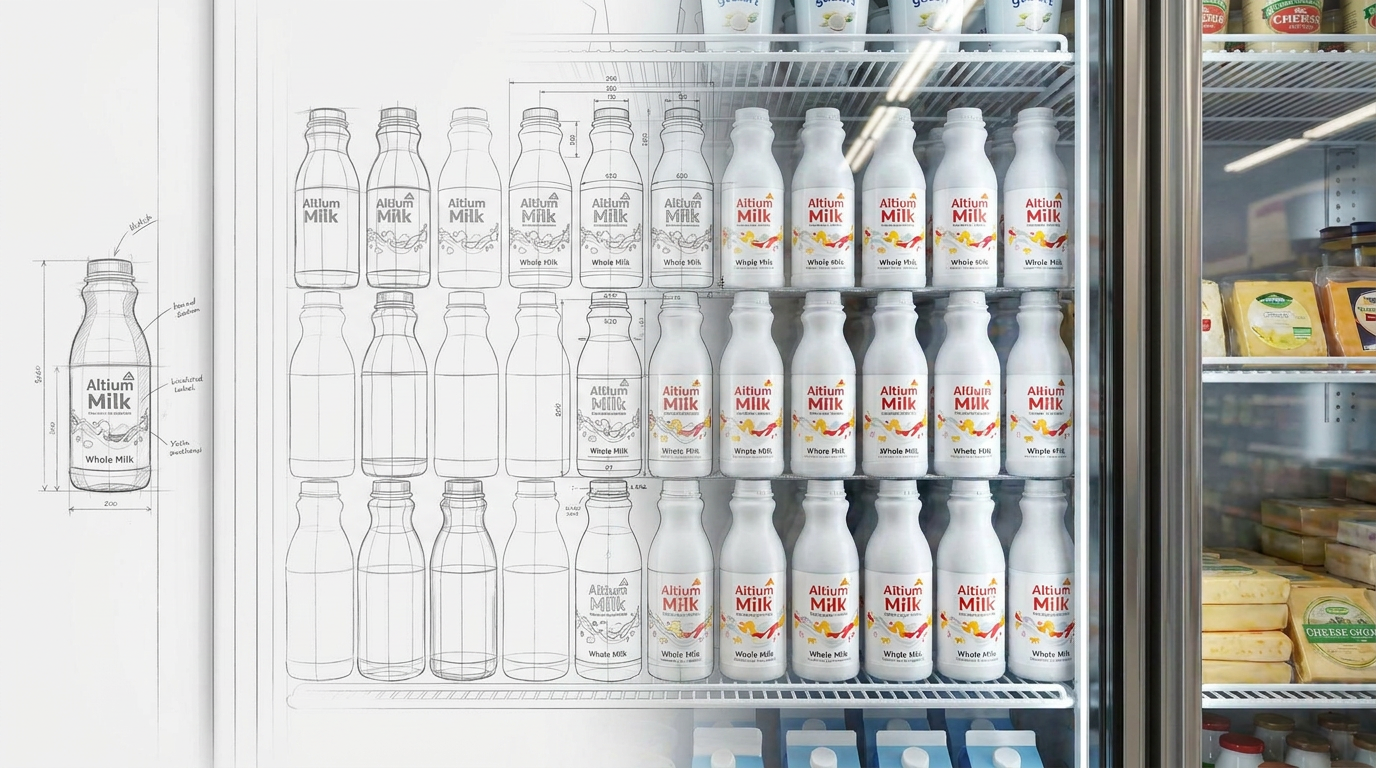 Botella de leche con un dibujo esquemático que ilustra el concepto de diseño del producto