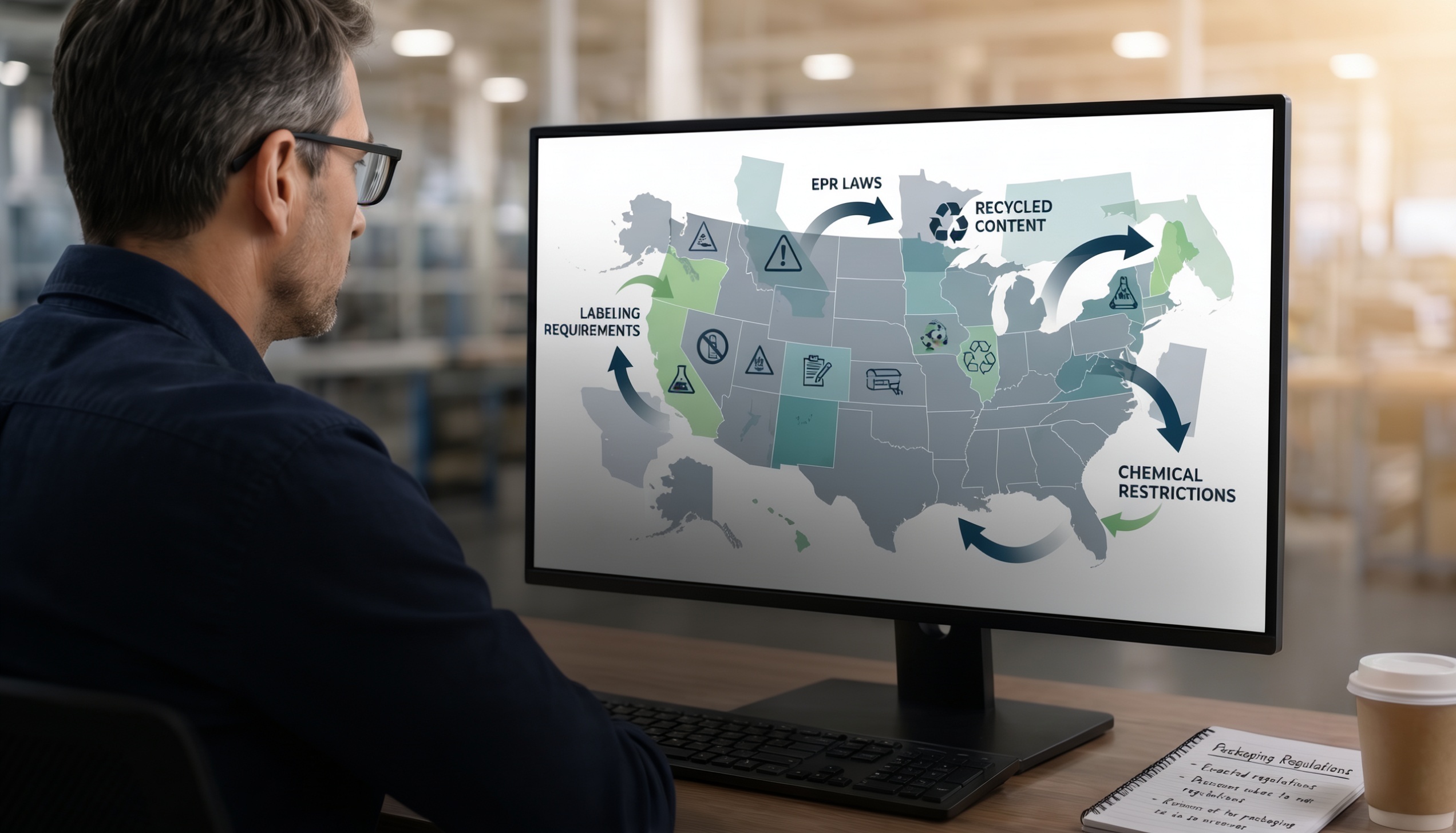blog-intro-packaging-professional-reviewing-compliance-regulations Packaging professional at a desk reviewing a monitor displaying a U.S. state-by-state map of packaging compliance regulations including EPR laws, recycled content, labeling requirements, and chemical restrictions