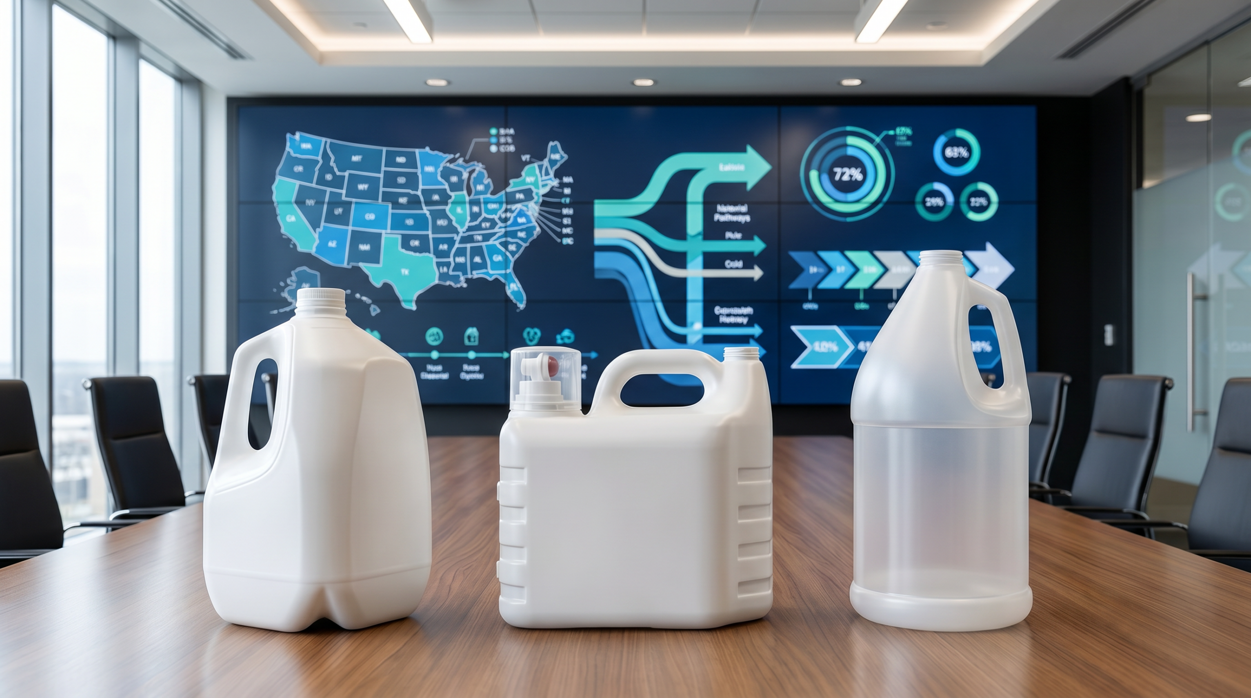 Three white HDPE packaging containers on a conference room table in front of a large display screen showing a U.S. distribution and logistics data visualization