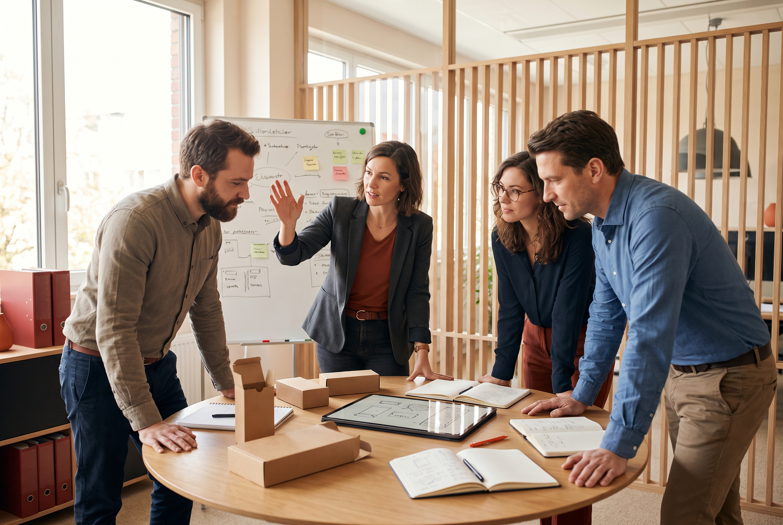 Employees presenting and evaluating new packaging ideas during a collaborative problem-solving session focused on innovation and continuous improvement.