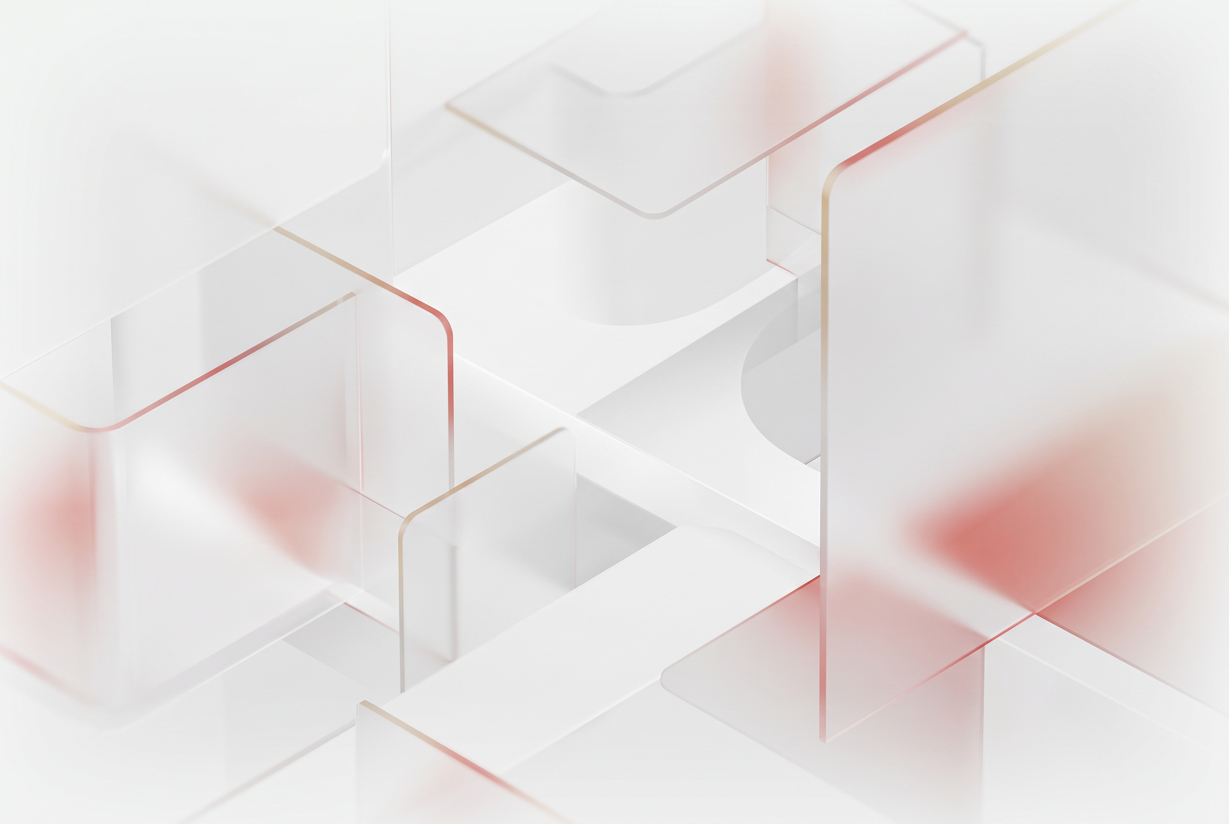 Abstract frosted-glass architectural forms with subtle red and gold accents on a clean white background.