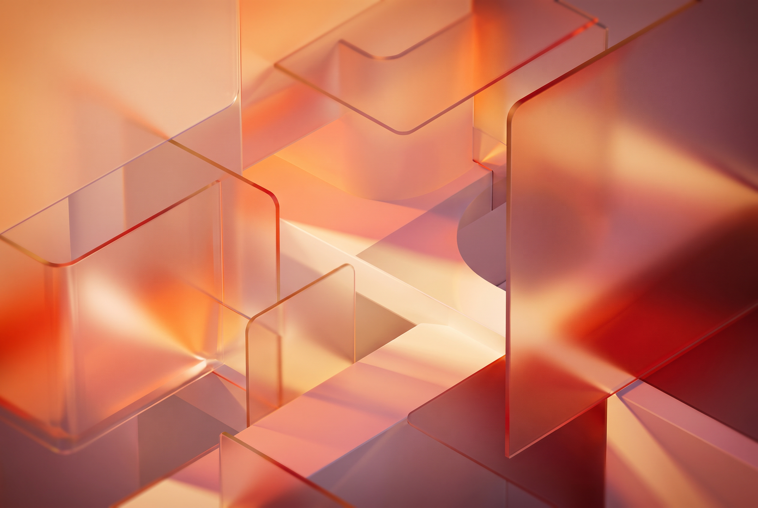 Abstract translucent architectural forms with warm copper, champagne gold, and soft red accents.