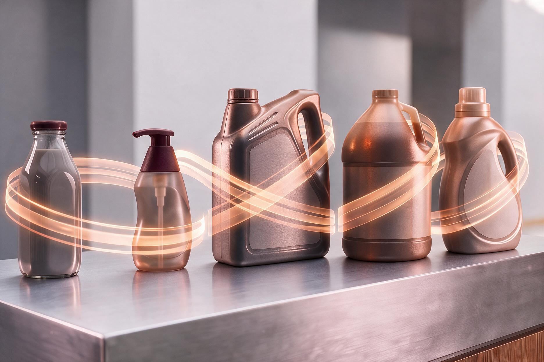 Packaging containers from multiple market segments connected by flowing visual elements illustrating smarter packaging solutions and sustainable business impact.