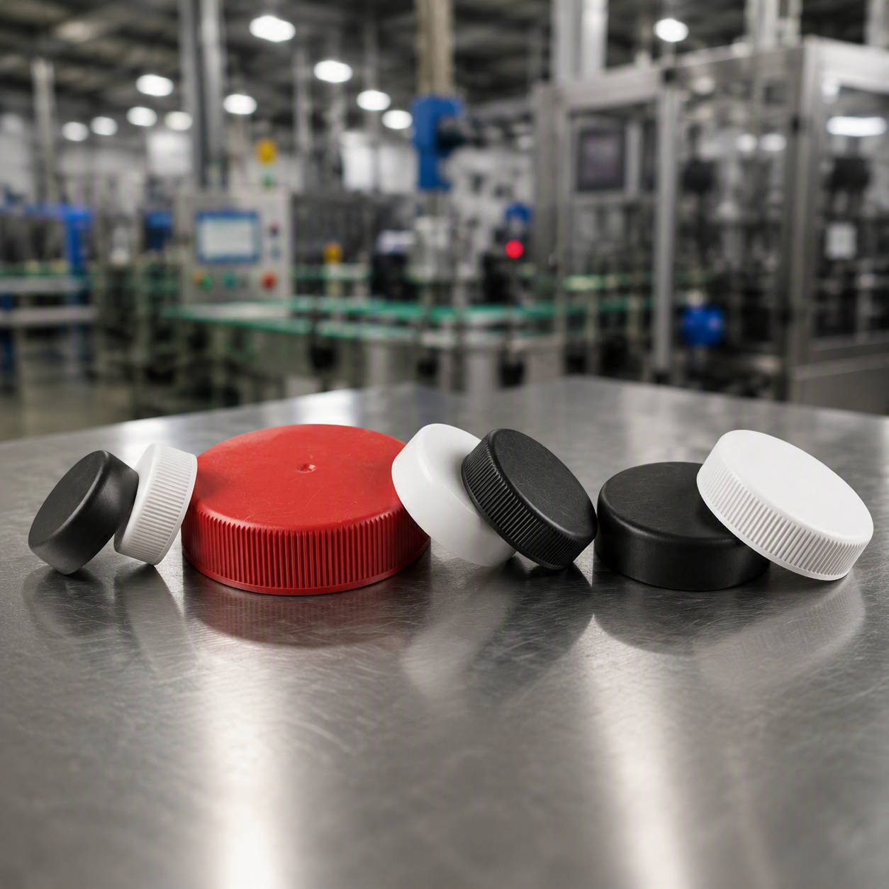 Plastic caps and closures for packaging applications displayed in a manufacturing environment.