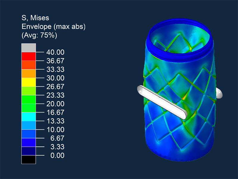 Simulación de tensiones mediante análisis de elementos finitos de un contenedor Dura-Lite Diamond, en la que se muestra la distribución de la carga desde las tensiones bajas (azul) hasta las altas (rojo)
